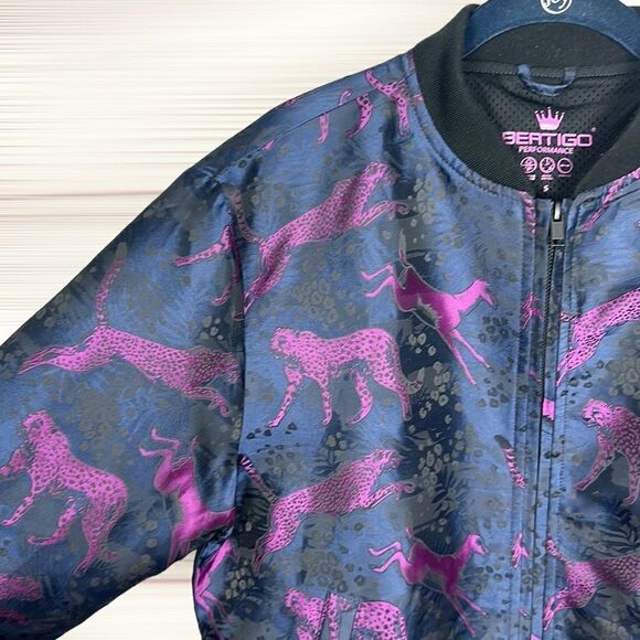 BERTIGO lan Animal Impala & Cheetah Jacquard  Bomber Jacket Navy Blue / Purple S - Picture 7 of 15